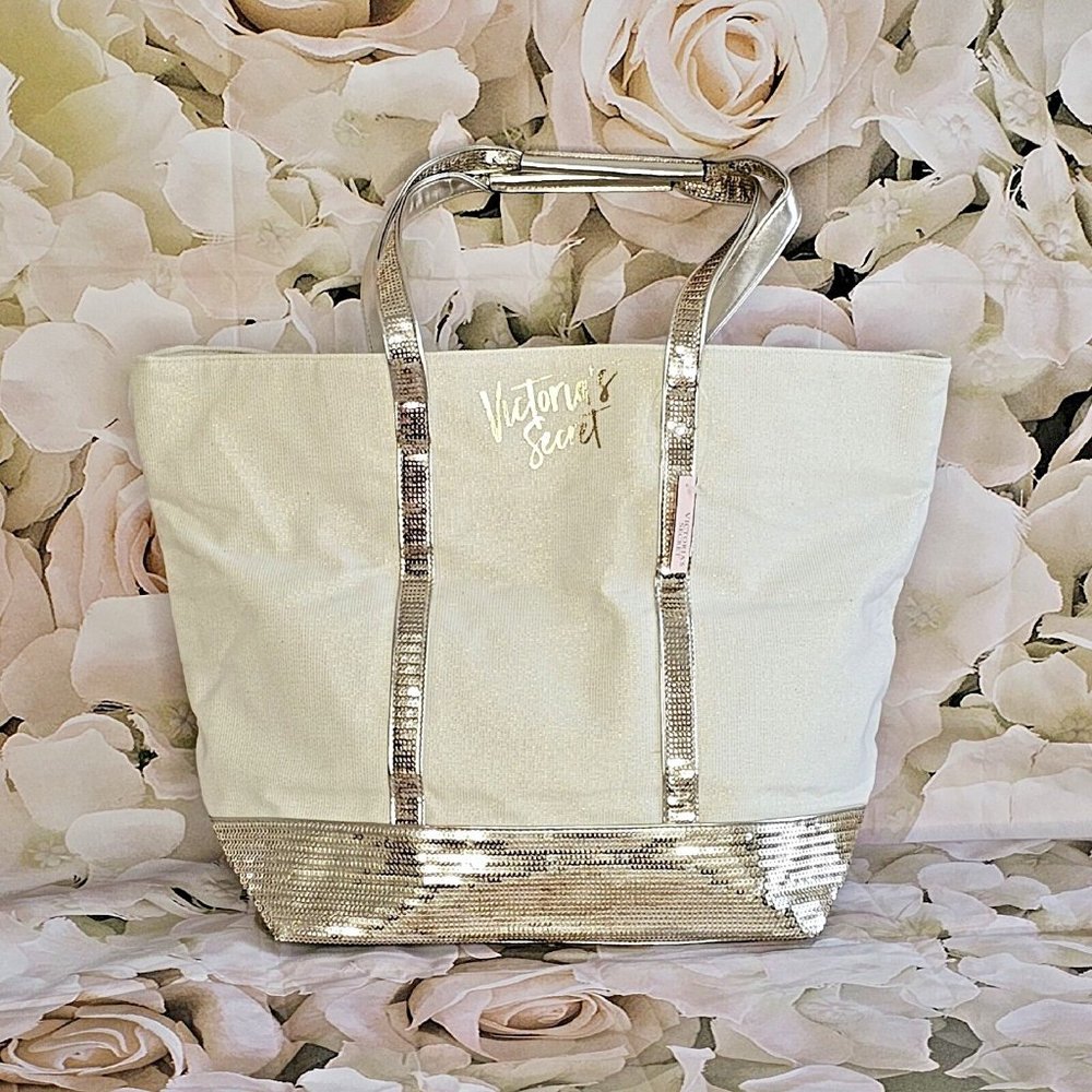 VICTORIA'S SECRET Cream & Gold Sequin Tote Bag Shopper
